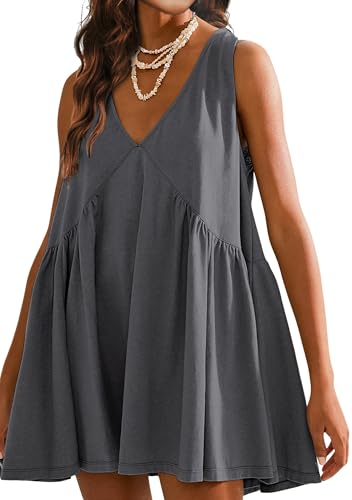 Image of Sleeveless Mini Dress for Women 2026 Summer Casual V Neck Sundress Loose Babydoll Dress with Pockets