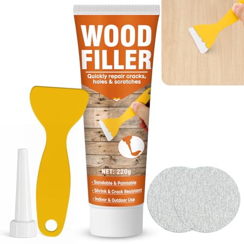Aarovibe Wood Filler,220g Paintable & Sandable Wood Putty –Low Odor, Shrink & Crack Resistant-Quick Repair for Cracks, Holes and Damage-For Indoor & Outdoor Wood Repair(White)