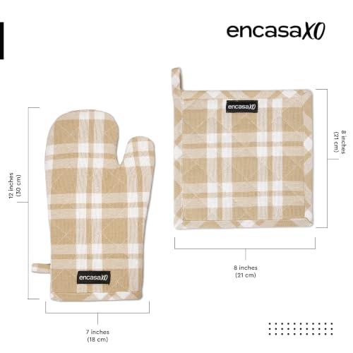 Image of Encasa XO Heat Resistant 100% Cotton Oven Glove & Potholder Set with Loop, Kitchen Cooking Mittens, Microwave Safe Hot Pads (Franca Beige Checks)