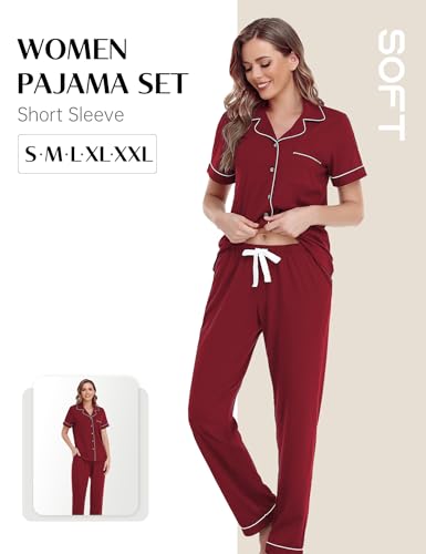 Image of COLORFULLEAF Women's 100% Cotton Pajamas Set Button Down Sleepwear Short Sleeve Shirt and Long Pants Soft Ladies Lounge Sets