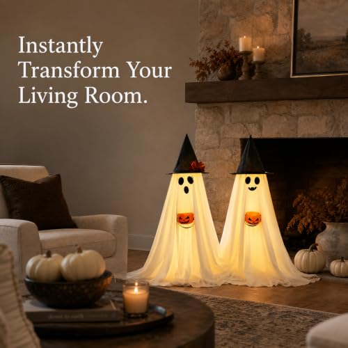 Halloween Decorations Indoor Lighted Ghost, 2 Pack Cute Light Up Ghosts Decoration with Witch Hats & Pumpkin Buckets,Indoor Ghost Decor for Entryway, Fireplace, Porch, Party, Home, Yard — view 5