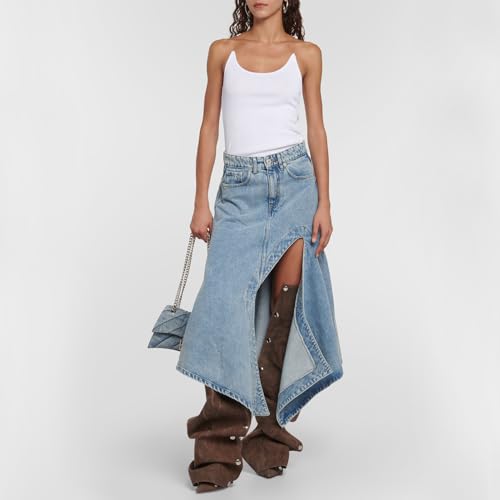 Yishaweiqi Women's Denim Slouch Ruched Knee High Boots Back Zip Stiletto Heel Boots Pointed Toe Studs Fashion Boots3