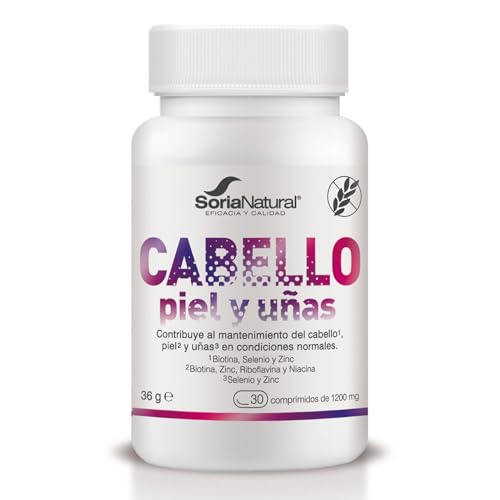 Soria Natural Cabello, Piel y Uñas - Combinación de Vitaminas, Minerales y Aminoácidos - Ayuda a Fortalecer las Fibras Capilares y Uñas - Apoya la Salud de la Piel - 30 comprimidos de 1200mg