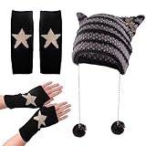 Zidoley Grunge Clothes, 2 Pcs Beanies & Fingerless Gloves, Fox Cat Ear Goth Crochet Knitted Hats, Fingerless Star Printed Gloves, Scene Clothes, Emo Accessories, Y2K Accessories (Black, One Size)