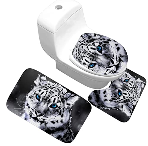 3 Teilig Badematte Set Weißfleckiger Tiger 3D Badematten Set rutschfest, Badezimmerteppich,U-förmiger WC-Vorleger,WC…