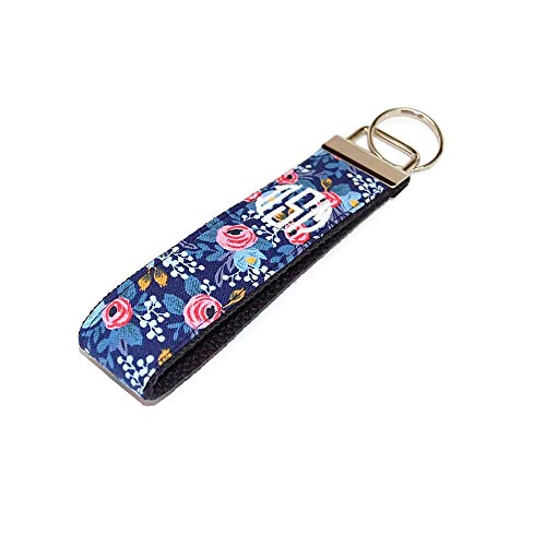LiliesBoutique Monogrammed Navy and Coral Flowers Keychain Fabric Key Fob