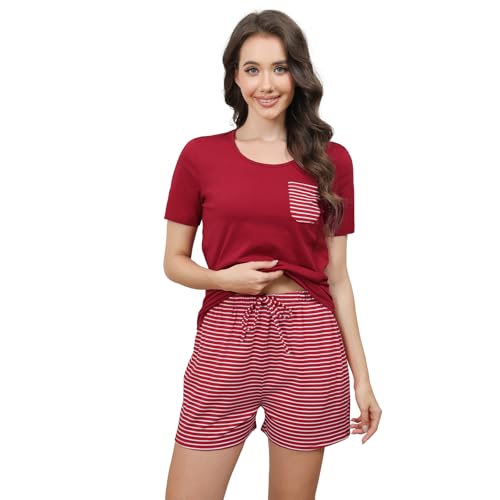 TeJoyce Pijama Mujer Algodon Verano Pijamas a Rayas Conjunto Corto Manga y Pantalón Corto Bolsillos Ropa de Dormir S-XXL