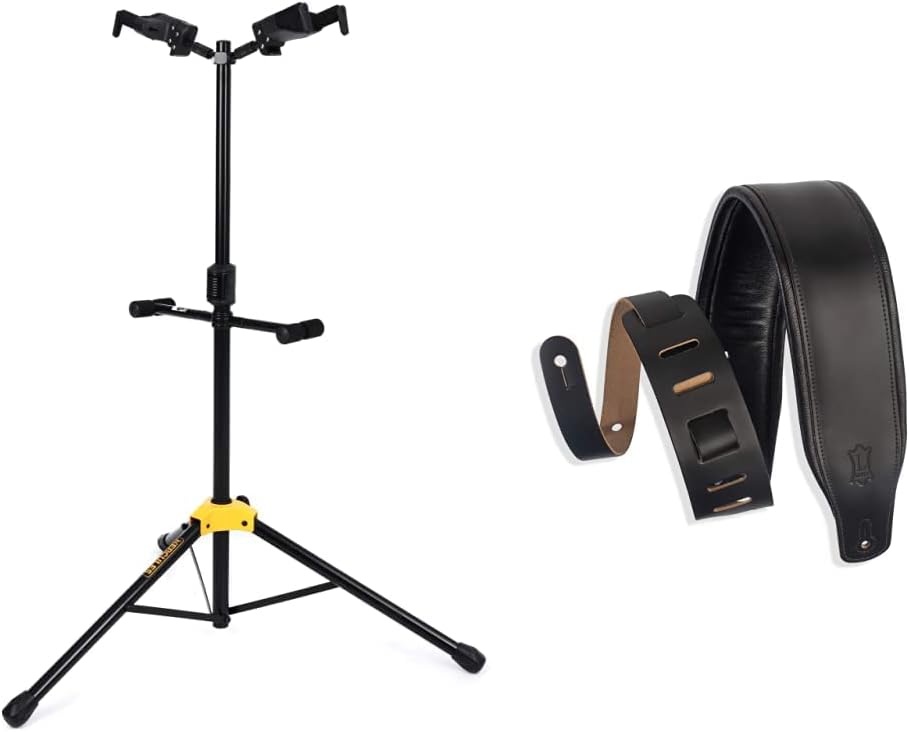 Hercules Guitar Stand with Auto Grip System and Levy's 3" Wide Amped Leather Guitar Strap