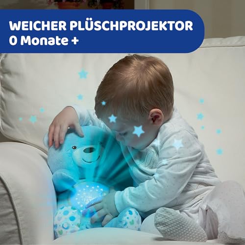 Chicco Kuscheltier Bär, Baby Spielzeug ab Geburt, Teddybär Plüsch, weicher Projektor mit Nachtlicht, Lichteffekten und entspannenden Melodien, Kinderspielzeug 0+ Monate, Hellblau, Kindertag Geschenk