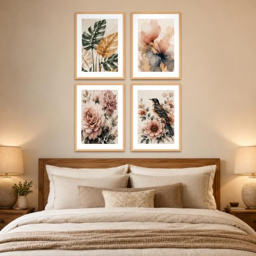 Image of Livin'luxe Set of 4 Botanical Floral Bird Wall Paintings with Sparkle Laminate and Premium Wooden Synthetic Frame for Living Room Bedroom Office Decor (13.5 x 19.5 Inch)