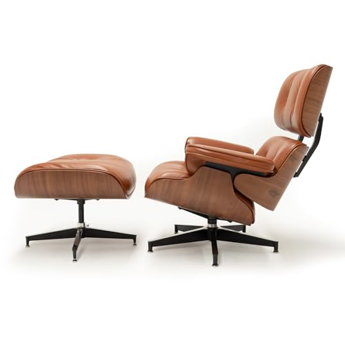 Image of Top Black Grain Leather, Mid Century Chaise Lounge Chair and Ottoman, Modern Chair Classic Design, Walnut Wood, Heavy Duty Base Support for Living Room Study Lounge Office (Walnut-brown, Upgraded)