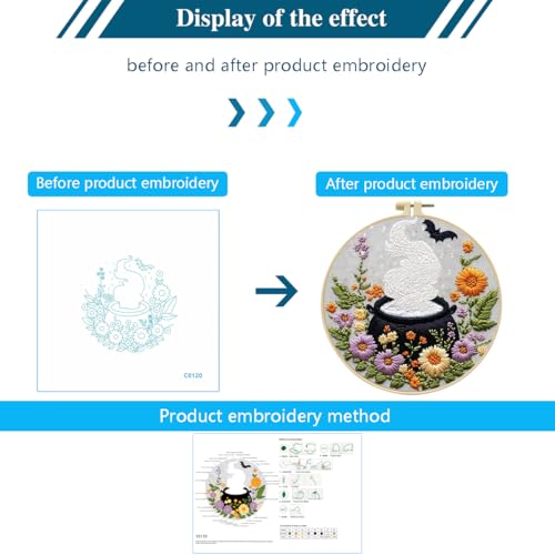 Image of Zhenqing Halloween Cauldron Embroidery Kit for Beginners, Magic Pot Witch Decor Needlework Kit with Pre-Printed Cotton Fabric, Hoop, Threads & Tools, Spooky DIY Wall Art (C0120)