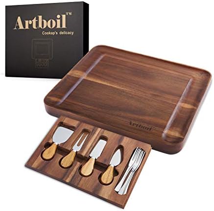 Artboil Acacia Wood Cheese Board Set w/Hidden Drawer for Cutlery Set - Large Enough - Gift for Mother, Father, Wedding, Housewarming, Anniversary, Christmas
