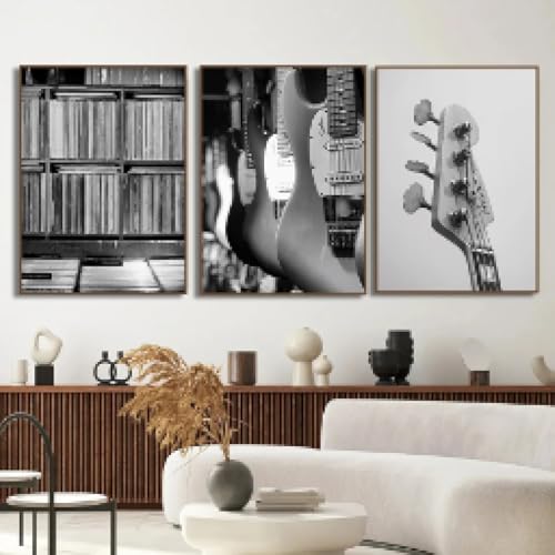 YUSUZHU Foto en blanco y negro de batería, guitarra, discos, álbumes, violín, lienzo, pintura, carteles musicales para la decoración del hogar de la sala de estar, murales de 60 x 80 cm x 3 sin marco