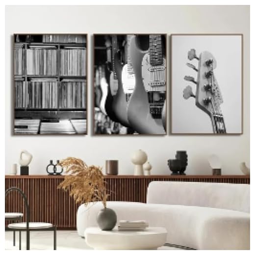 YUSUZHU Foto en blanco y negro de batería, guitarra, discos, álbumes, violín, lienzo, pintura, carteles musicales para la decoración del hogar de la sala de estar, murales de 60 x 80 cm x 3 sin marco