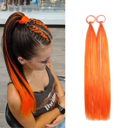 Lalridio Orange Ponytail Tinsel Extensions for Women Girls Hair Accessories Braiding Synthetic Hair Pieces With Rubber Band Pony tail Festival Halloween Party Wacky Rave Crazy Hair Extensions 20 inch