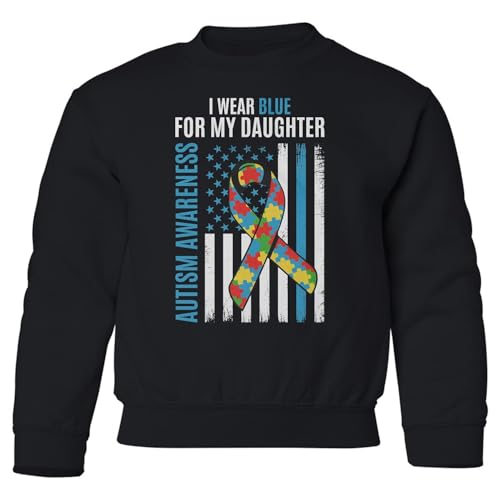 I Wear Blue For My Daughter Autism Awareness US Flag Youth Crewneck Sweatshirt