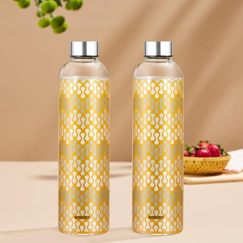 Image of Borosil 1L Artisan Water Bottle Set with Steel Lid | Borosilicate Glass Narrow Mouth Bottle for Fridge | Extreme Temperature Resistant For Hot & Cold Water, Milk, Lassi, Juice (Pack of 2, Vista)