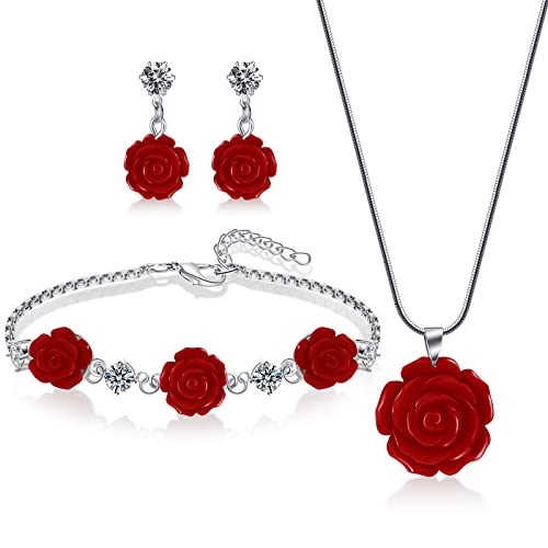 Juego de pendientes de rosa y collar colgante para regalo de San Valentín