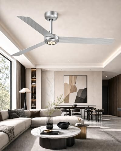 Image of TALOYA Ceiling Fan with Lights,52inch ceiling fan with Remote Control,Metal Body,Silver Finish,6-Speed,Dimmable, Noiseless Reversible DC Motor,Indoor /Outdoor