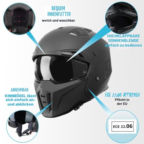 VINZ Shuto Jethelm / Streetfighter Helm | ECE 22.06 zugelassen | Rollerhelm mit Sonnenvisier / Sonnenblende | Jet Helm Mit abnehmbarem Kinnschutz - Matt Schwarz