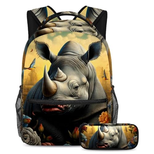Sac à dos et trousse Art Flowers Rhinocéros Large pour ranger tous les grands cahiers