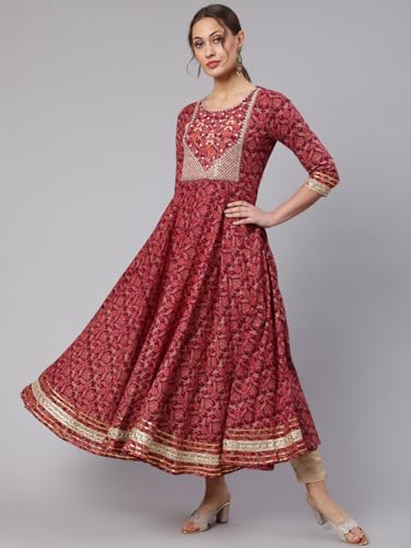 Image of Women Cotton Embroidered Printed Round Neck 3 /4 Sleeve Flared Kurta