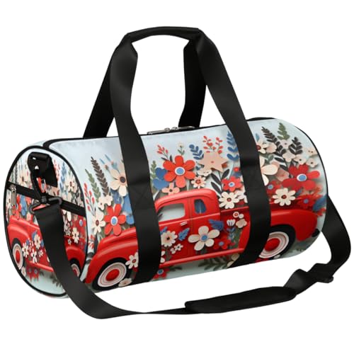 Borsone da viaggio con scomparto per scarpe impermeabile motivo: camion rosso rosa patriottismo da per fitness palestra fine settimana Patriottismo dei fiori di rosa del