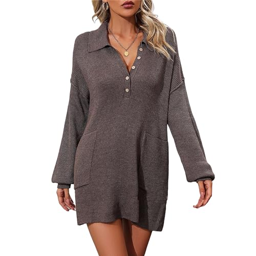 Robe en maille côtelée à revers gris foncé vêtement d'hiver pour femme taille L