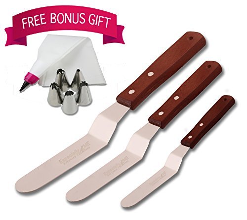 Stainless Steel Offset Spatula Set. Professional Cake Decorating Kit Set Includes 4”, 6” and 8” Spatulas With A FREE Reusable Double Icing Bag and 5 Icing Piping Nozzles Tips, by Especially 4 ME