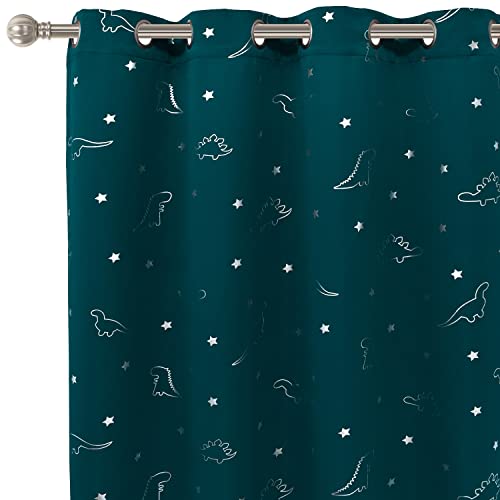 Image of LORDTEX Dinosaur and Star Foil Print Blackout Curtains for Kids Room | Thermal Insulated Curtains Noise Reducing Window Drapes for Boys and Girls Bedroom, 52 x 63 Inch, Sapphire, Set of 2 Panels