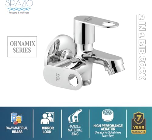 Image of Spazio ORNAMIX Series Brass 2 Way Bib Cock | 2 in 1 Tap (Pack of 1) for Bathroom & Kitchen Chrome Finish Silver Plated Twin Elbow Valve Faucet (Wall Mount Installation Type)
