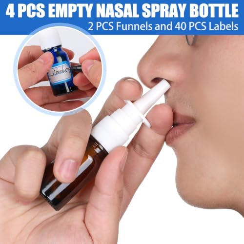 ZHWKMYP 7 Pcs Nasal Spray Bottle, 10ML/0.35OZ 4 Pcs Empty Brown Blue Green Transparent Glass Refillable Fine Mist Nasal Spray Bottle with 2 Funnels and 1 Labels — view 6
