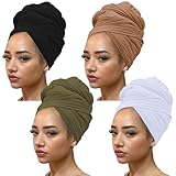 Kachanaa 4 Pieces Solid Color Stretch Knit Head Wrap Extra Long African Head Scarf Breathable Turbans for Black Women
