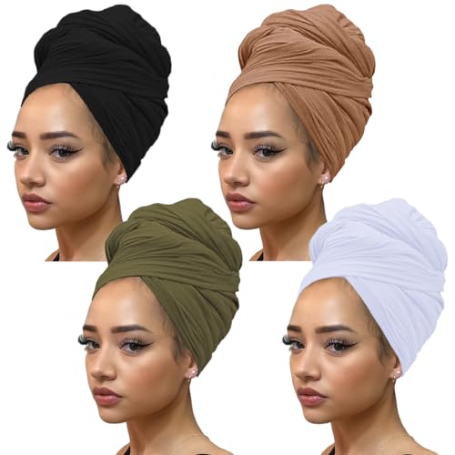 Kachanaa 4 Pieces Solid Color Stretch Knit Head Wrap Extra Long African Head Scarf Breathable Turbans for Black Women