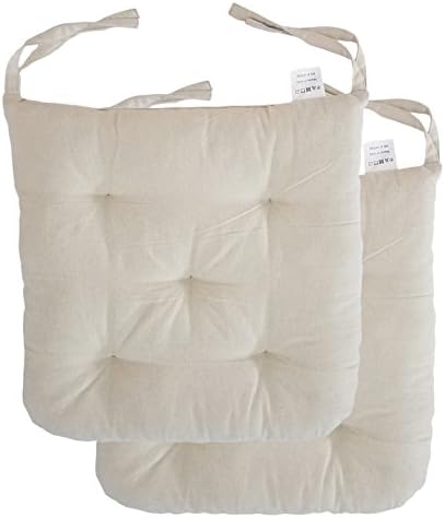 Cottone 100% Cotton Chair Pads w/Ties (Set of 2) | 16” x 15” Round Square | Extra-Comfortable & Soft Seat Cushions | Ergonomic Pillows for Rocking, Dining, Patio, Camping, Kitchen Chairs (Lt. Beige)
