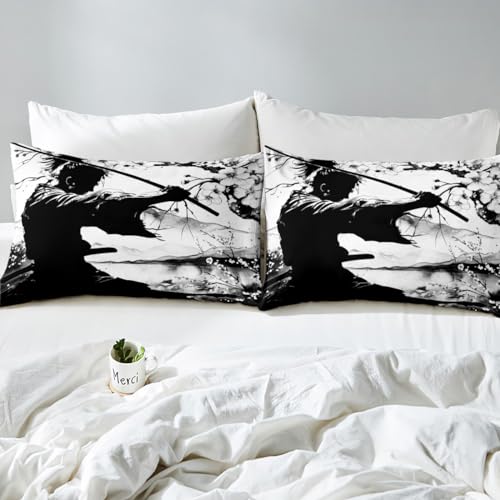 Juego de ropa de cama con estampado de estilo japonés samurai de microfibra 5