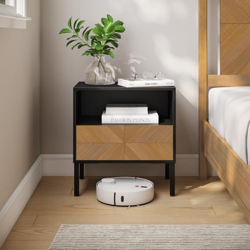 Image of Bme Vivian Solid Wood Nightstand, End Table, Bedside Table with Herringbone Pattern for Rustic Bedroom, Easy Assembly, Rustic Seadrift and Black