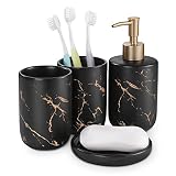 4 Teilig Seifenspender Set, Badezimmer Set Seifenspender, Badezimmer Set mit Zahnputzbecher, Seifenschale und Seifenspender, Badezimmer Zubehör Set mit edlen Accessoires in Marmor-Optik (Schwarz)