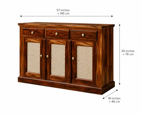 Image of Solid Sheesham Wood Sideboard Cabinet for Living Room | Storage Cabinet with 3 Doors & 4 Drawers | Wooden Buffet Cabinet | Cane Cabinet | Console Cabinet | Home Furniture Dark Honey Finish