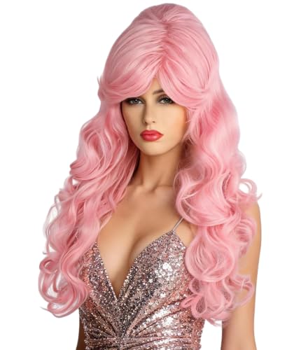 Topcosplay Women's Long Curly Beehive Wig Big Hair Wigs Halloween Costume Accessory Drag Queen Wig ﻿ (Pink)