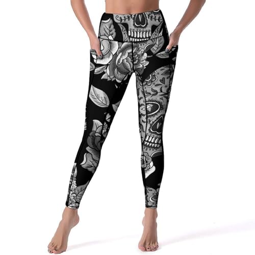 Legging yoga taille haute extensible et respirant avec motif crâne style fitness S