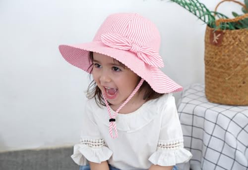jerague Toddler Kids Baby Girl Bows Sun Hat Cotton Foldable 50+ SPF Protective, Stripe Pink 3-5T