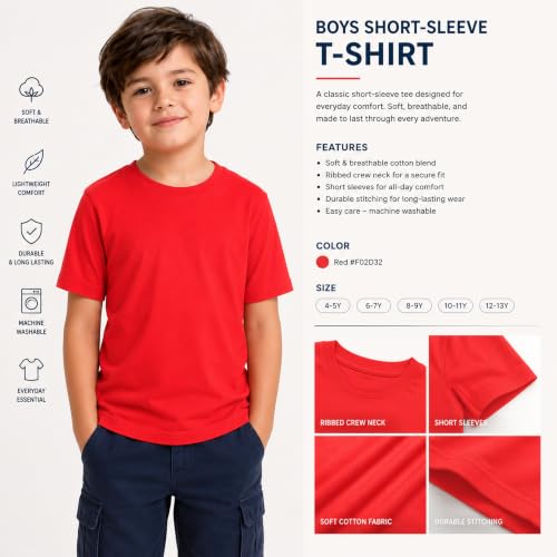 Image of Kids Round Neck Boys Tshirt | Short Sleeves | Natural Organic 100% Cotton Soft Comfortable Fabric | School Plain Color Original Branded Half Sleeve | T-Shirt for Boy Kid | Sleepwear Everyday Casual