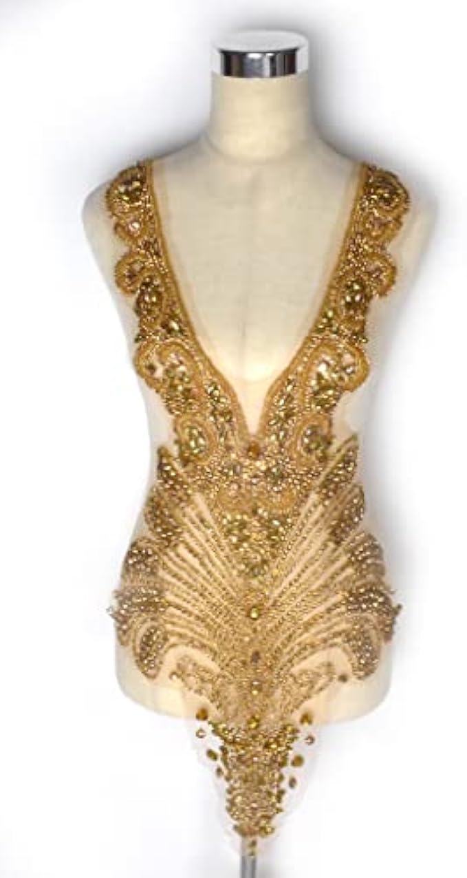 Labellezalay Full Bodice Rhinestone Applique Patch, 33.4" * 15.7" Deep V Neck Appliques, Gold Silver Shine DIY Dress Applique Patch by Piece