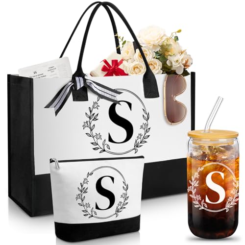 Aliceset Initial Gifts for Women Monogram Canvas Tote Reusable Bags Personalized Makeup Bag 16 oz Glass Straws Cups for Her(Letter S)