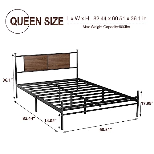 Haoara Queen Size Bed Frame With Rustic Wood Headboard, Metal Heavy Duty Platform Frame, Sturdy Steel Slat Support, No Box Spring Needed, Black #TOP1