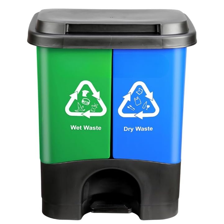 Image of Twin Bin Dustbin Dry & Wet Waste Pedal Dustbins / 2 In 1 Dustbin Trash Can /Plastic Garbage Bins with Lid for Home Kitchen - Blue & Green Colour (Large - 33Ltr)