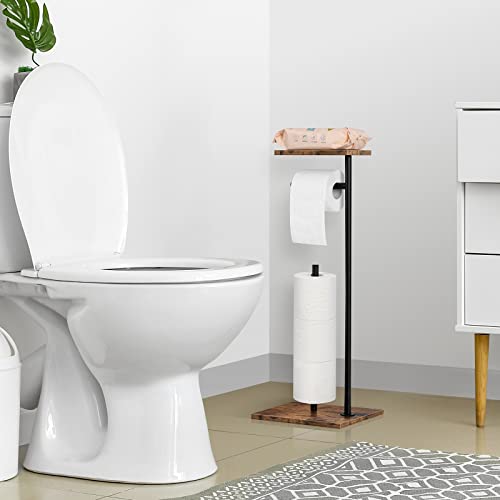 Toilet Paper Holder Stand Toilet Paper Roll Holder With Reserve Free Standing Toilet Tissue Holder Black Toilet Paper Storage Holder With Shelf For Bathroom Holds Wipe, Mobile Phone, Mega Rolls #TOP5