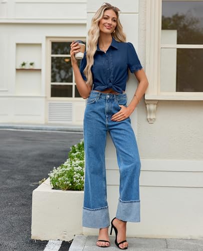 Image of siliteelon Womens Summer Button Down Lace Blouses Lapel Trim Dress Casual Shirts 2026 Fashion Business Short Sleeve Tops